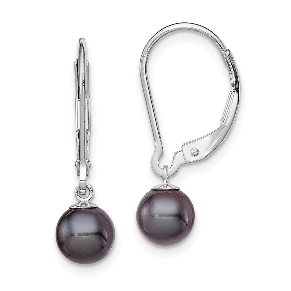 Sterling Silver Rhodium-plated 6-7mm Black Round Freshwater Cultured Pearl Leverback Dangle Earrings - 4