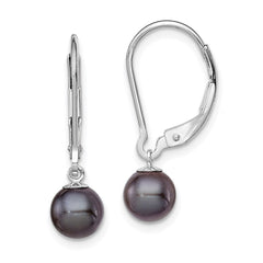 Sterling Silver Rhodium-plated 6-7mm Black Round Freshwater Cultured Pearl Leverback Dangle Earrings - 4