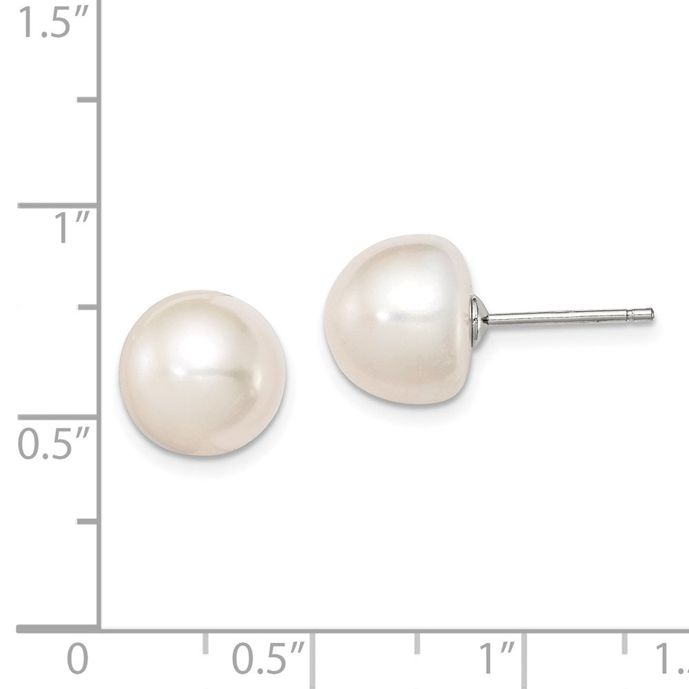 Sterling Silver Rhodium-plated 10-11mm White Button Freshwater Cultured Pearl Post Earrings