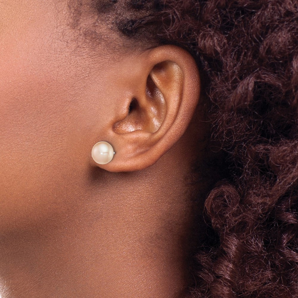 Sterling Silver Rhodium-plated 8-9mm Pink Button Freshwater Cultured Pearl Post Earrings