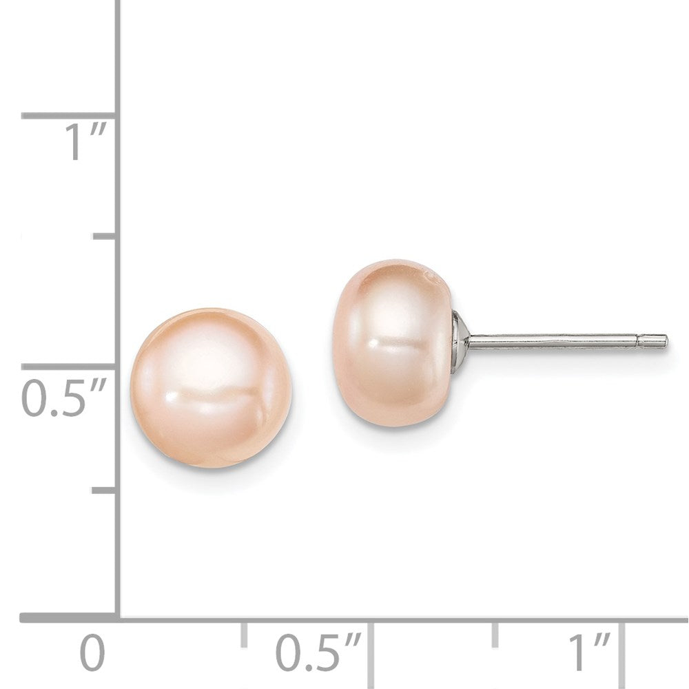 Sterling Silver Rhodium-plated 8-9mm Pink Button Freshwater Cultured Pearl Post Earrings