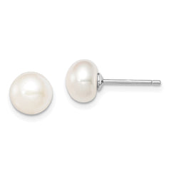 Sterling Silver Rhodium-plated 7-8mm White Button Freshwater Cultured Pearl Post Earrings - 2