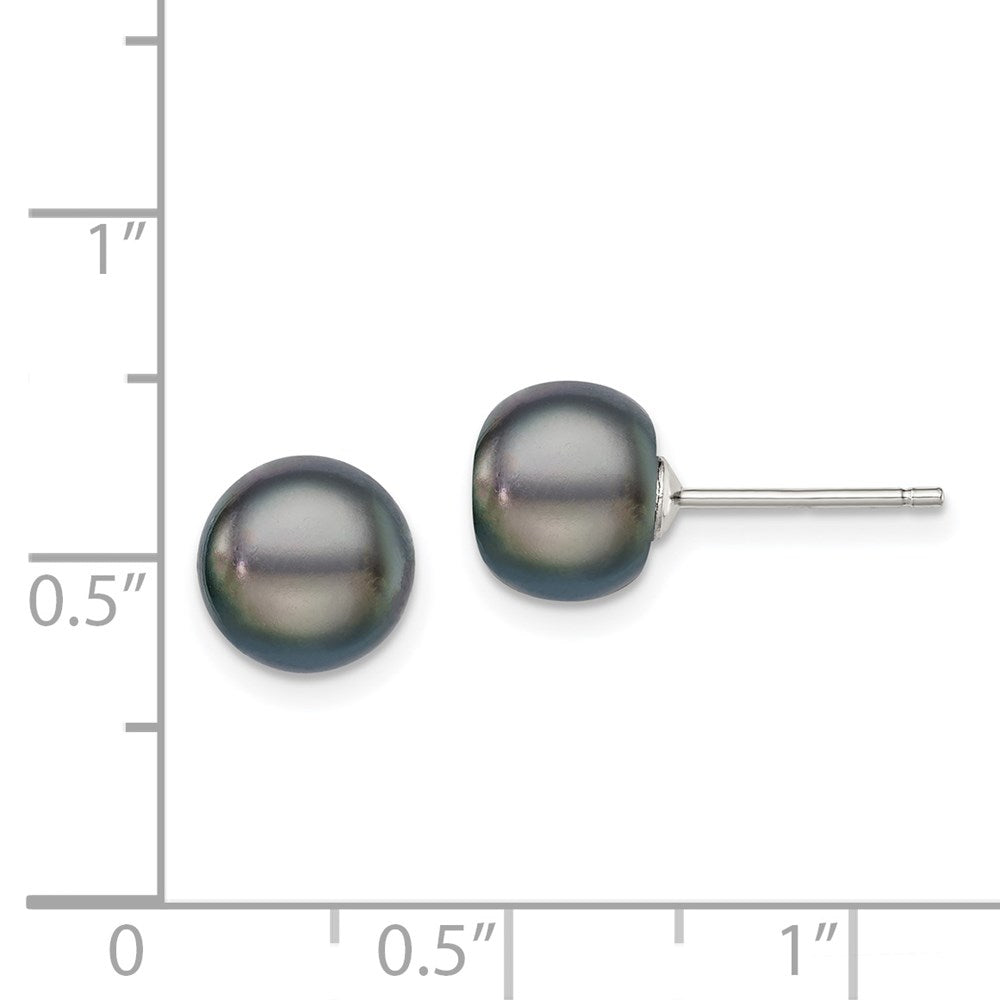 Sterling Silver Rhodium-plated 8-9mm Black Button Freshwater Cultured Pearl Post Earrings