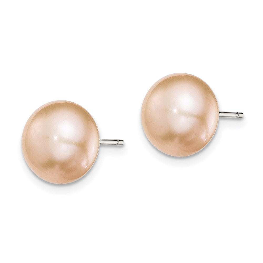 Sterling Silver Rhodium-plated 10-11mm Pink Button Freshwater Cultured Pearl Post Earrings