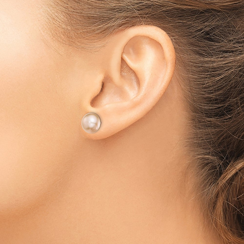 Sterling Silver Rhodium-plated 10-11mm Pink Button Freshwater Cultured Pearl Post Earrings