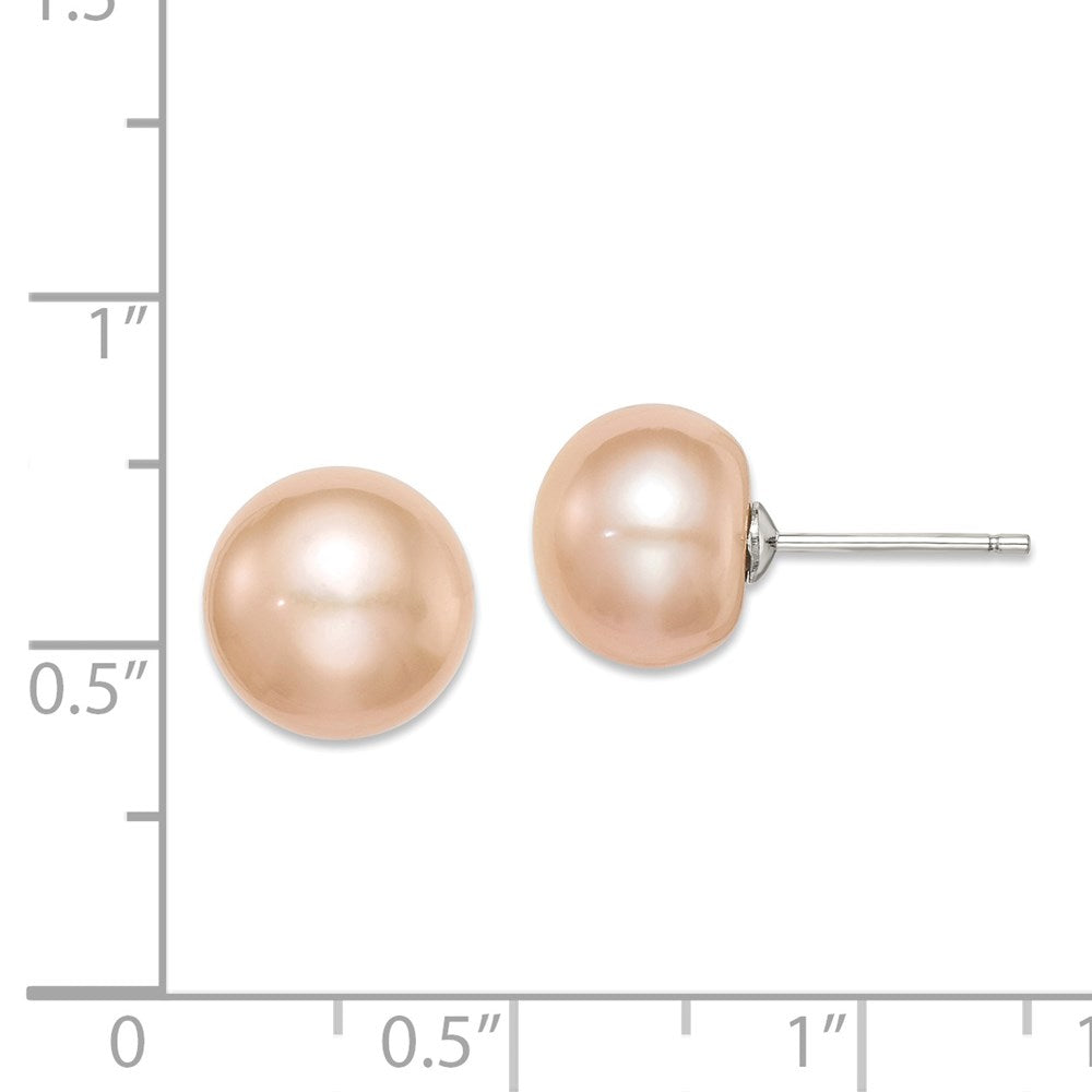 Sterling Silver Rhodium-plated 10-11mm Pink Button Freshwater Cultured Pearl Post Earrings