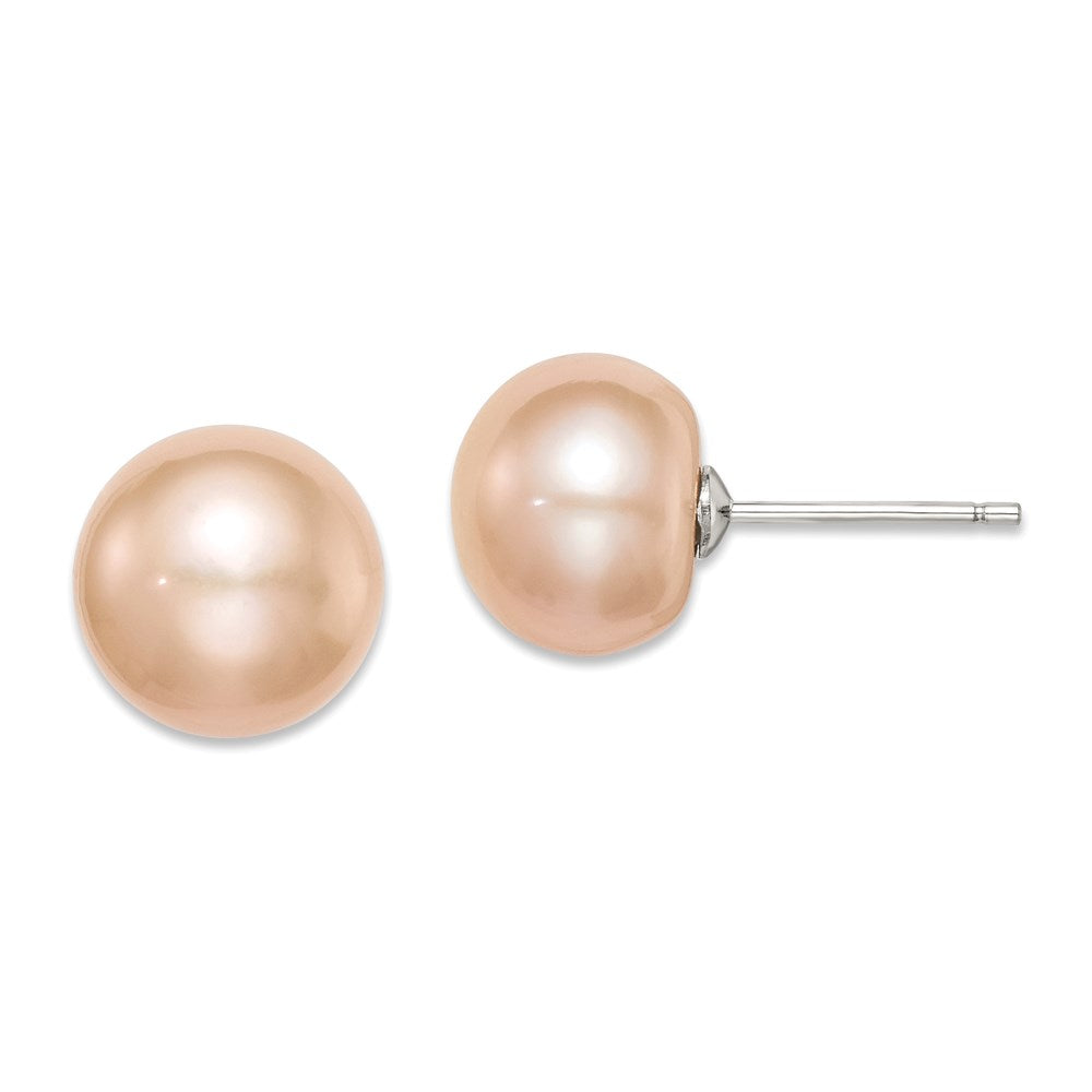 Sterling Silver Rhodium-plated 10-11mm Pink Button Freshwater Cultured Pearl Post Earrings