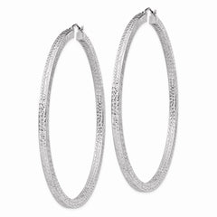 Sterling Silver Rhodium-plated Diamond-cut 3x65mm Square Tube Hoop Earrings