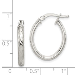 Sterling Silver Rhod-plated Textured 3mm Hollow Oval Hoop Earrings - 2