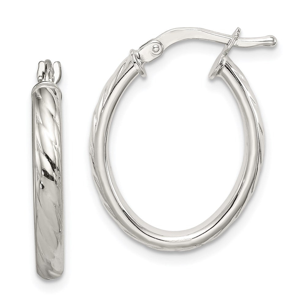 Sterling Silver Rhod-plated Textured 3mm Hollow Oval Hoop Earrings - 2
