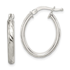 Sterling Silver Rhod-plated Textured 3mm Hollow Oval Hoop Earrings - 2