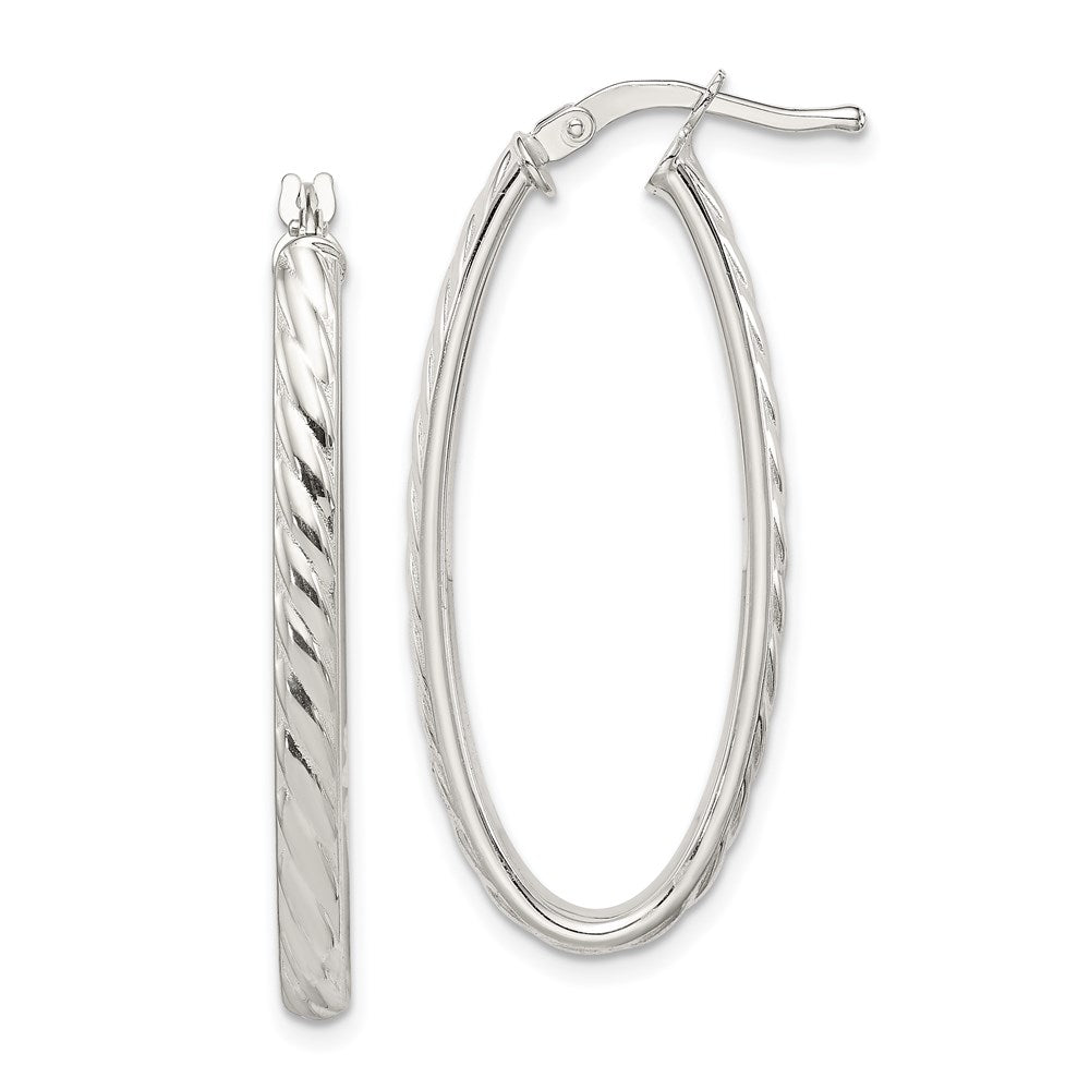 Sterling Silver Rhod-plated Textured 3mm Hollow Oval Hoop Earrings - 3