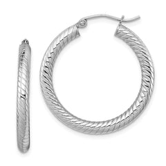 Sterling Silver Rhodium-plated Textured 3.00mm Hoop Earrings