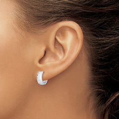 Sterling Silver Rhodium Polished Textured Hinged Hoop Earrings