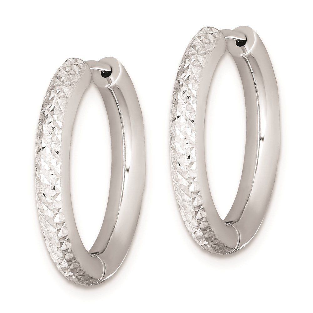 Sterling Silver Rhodium Polished Diamond Cut Hinged Hoop Earrings - 2