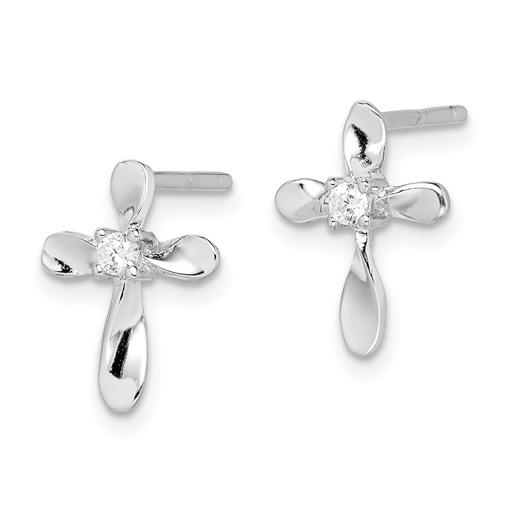 Sterling Silver Rhodium-plated Polished CZ Cross Post Earrings - 2