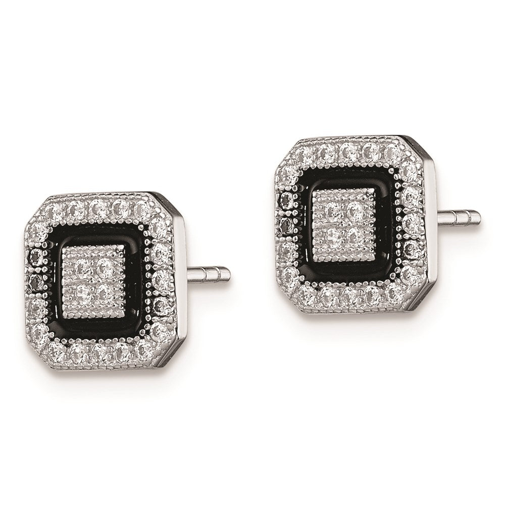 Sterling Silver RH-plated Black Enamel & Pavâ CZ Square Halo Post Earrings