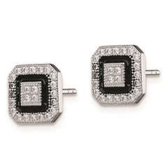 Sterling Silver RH-plated Black Enamel & Pavâ CZ Square Halo Post Earrings