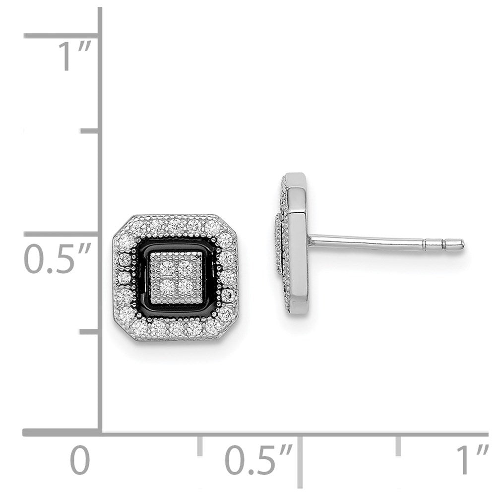 Sterling Silver RH-plated Black Enamel & Pavâ CZ Square Halo Post Earrings