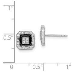 Sterling Silver RH-plated Black Enamel & Pavâ CZ Square Halo Post Earrings