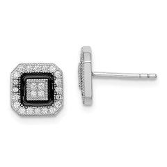 Sterling Silver RH-plated Black Enamel & Pavâ CZ Square Halo Post Earrings