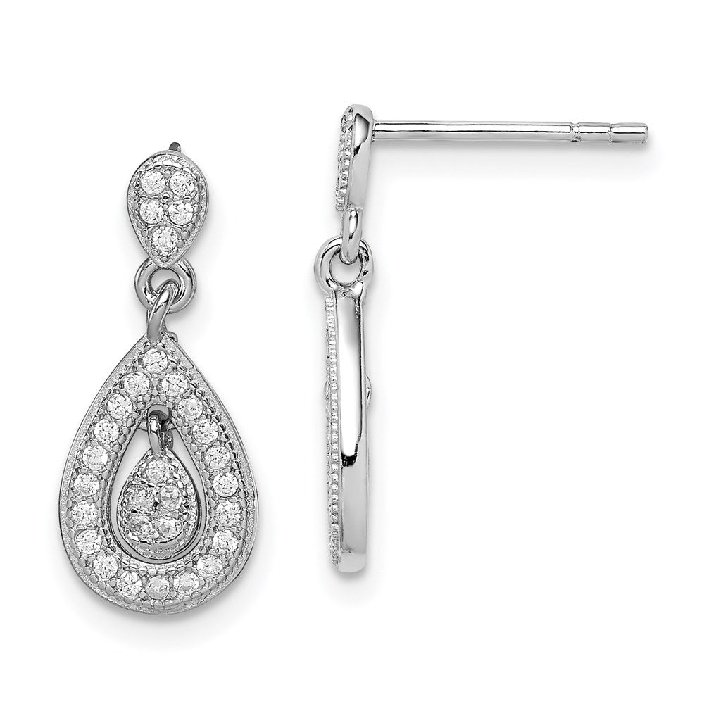 Sterling Silver Rhodium-plated CZ Pavâ Pear Dangle Post Earrings - 2