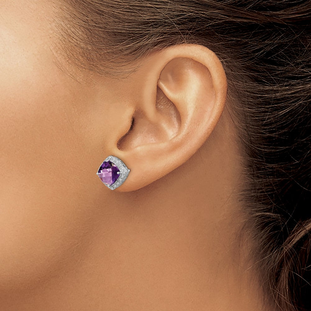 Sterling Silver Rhodium-plated Amethyst and Diamond Earrings - 4