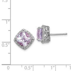 Sterling Silver Rhodium-plated Pink Quartz and Diamond Earrings