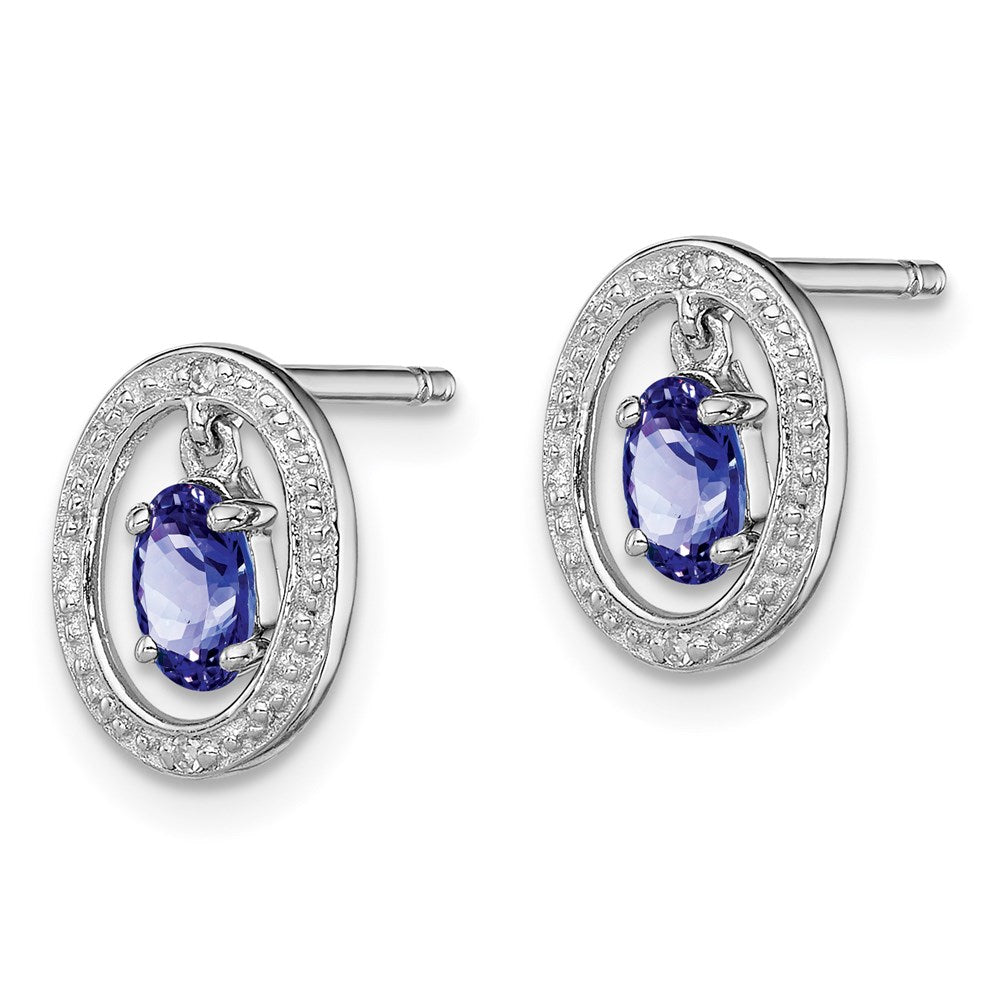 Sterling Silver Rhodium Plated Diamond & Tanzanite Oval Post Earrings - 2