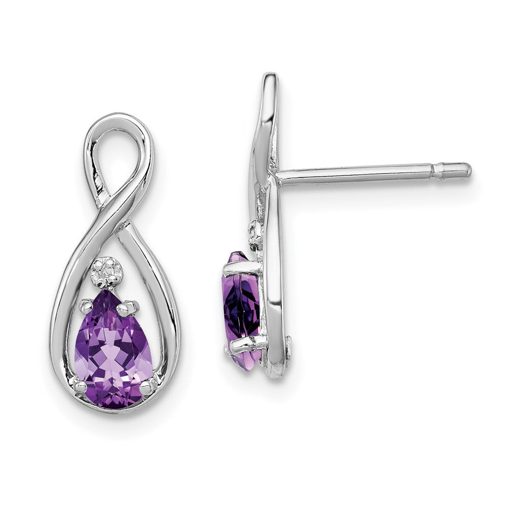 Sterling Silver Rhodium Plated Diamond and Amethyst Post Earrings - 3