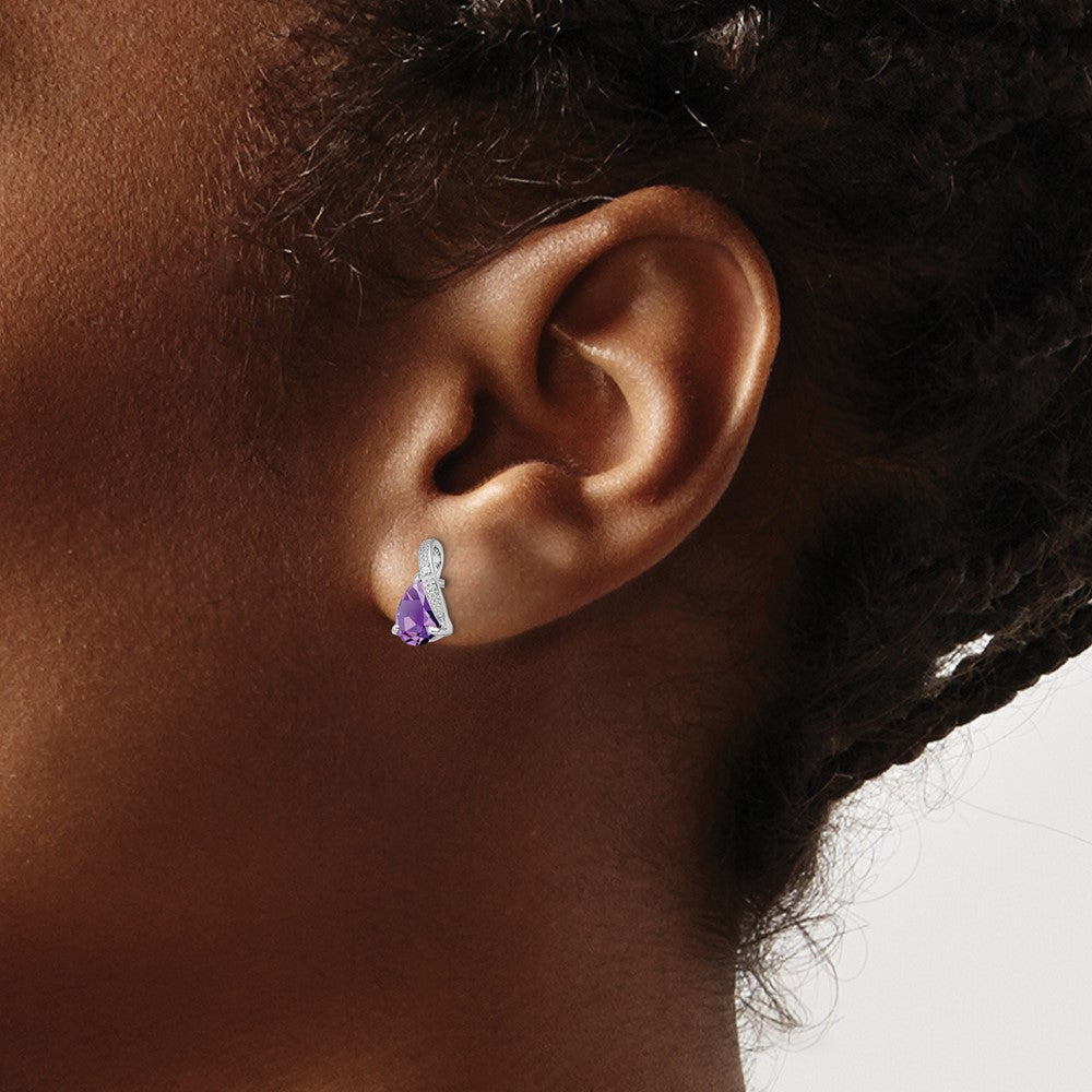 Sterling Silver Rhodium Plated Diamond and Amethyst Post Earrings - 4