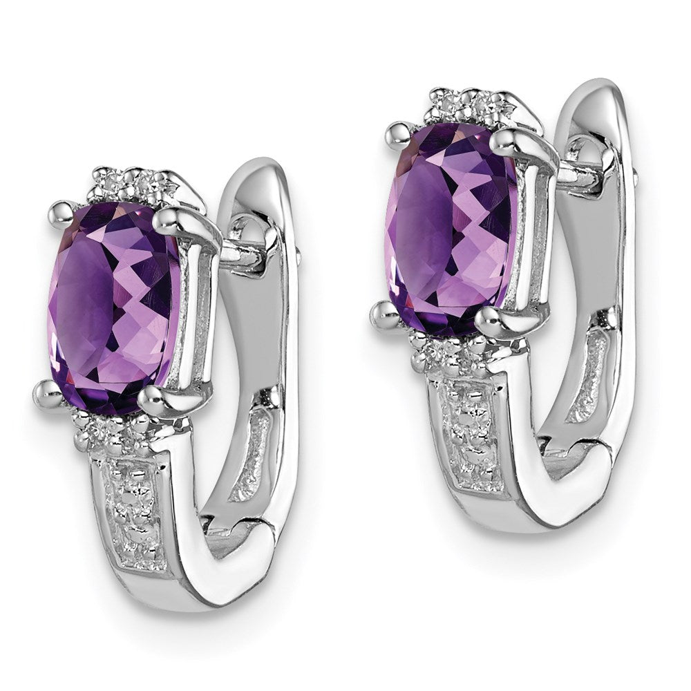 Sterling Silver RH Plated Diamond and Amethyst Hinged Hoop Earrings