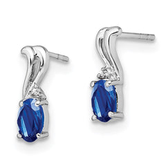 Sterling Silver Rhodium Plated Diamond & Sapphire Oval Post Earrings - 2