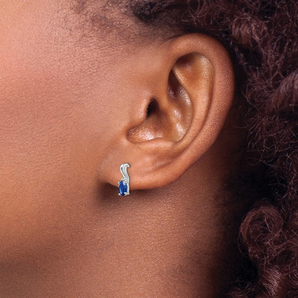 Sterling Silver Rhodium Plated Diamond & Sapphire Oval Post Earrings - 2
