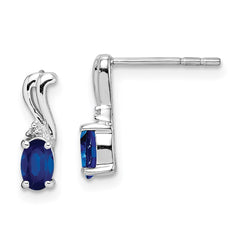 Sterling Silver Rhodium Plated Diamond & Sapphire Oval Post Earrings - 2