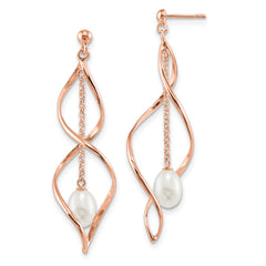 Sterling Silver Rose-tone 7-8mm White Rice Freshwater Cultured Pearl Post Dangle Earrings