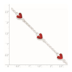 Sterling Silver Polished & Red Enamel Heart w/ 1in ext Children's Bracelet
