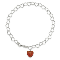 Sterling Silver Link Orange Synthetic Crystal Stone Heart Anklet