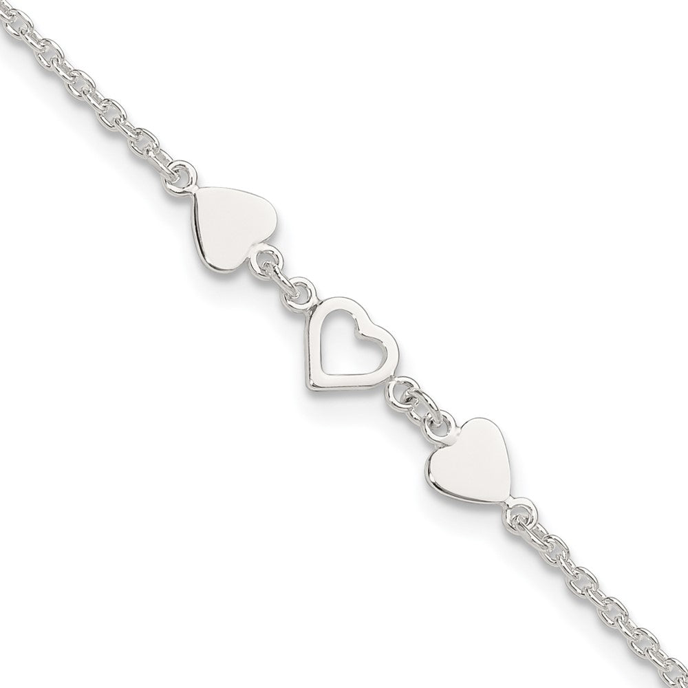 Sterling Silver Three Hearts 9 inch Plus 1 inch Extender - Total 10 inch Anklet