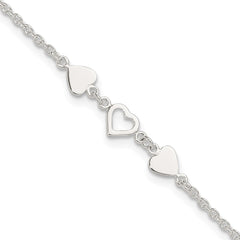 Sterling Silver Three Hearts 9 inch Plus 1 inch Extender - Total 10 inch Anklet