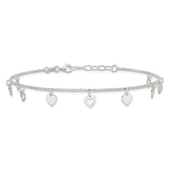 Sterling Silver Double Heart 10 inch Plus 1 inch Extender - Total 11 inch Anklet