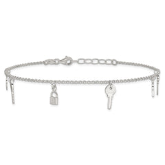 Sterling Silver Lock and Key 9 inch Plus 1 inch Extender - Total 10 inch Anklet