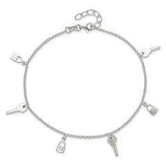 Sterling Silver Lock and Key 9 inch Plus 1 inch Extender - Total 10 inch Anklet
