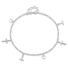 Sterling Silver Cross/Heart/Anchor 10 inch Plus 1 inch Extender - Total 11 inch Anklet