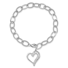 Sterling Silver Rhodium Plated Journey Heart CZ Dangle Bracelet