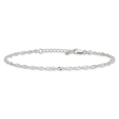 Sterling Silver 3mm Singapore Chain 10 inch Plus 1 inch Extender - Total 11 inch Anklet