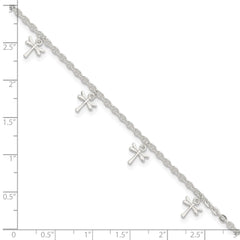 Sterling Silver Dragonfly Charms 9 inch Plus 1 inch Extender - Total 10 inch Anklet