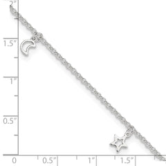 Sterling Silver Moon and Stars 9 inch Plus 1 inch Extender - Total 10 inch Anklet