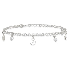 Sterling Silver Sun/Moon/Star/Crystal 9 inch Plus 1 inch Extender - Total 10 inch Anklet