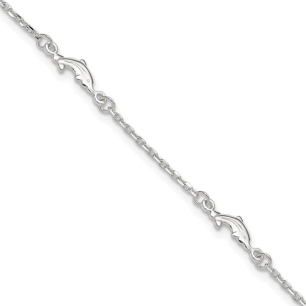 Sterling Silver Dolphin 5-Station 10 inch Plus 1 inch Extender - Total 11 inch Anklet
